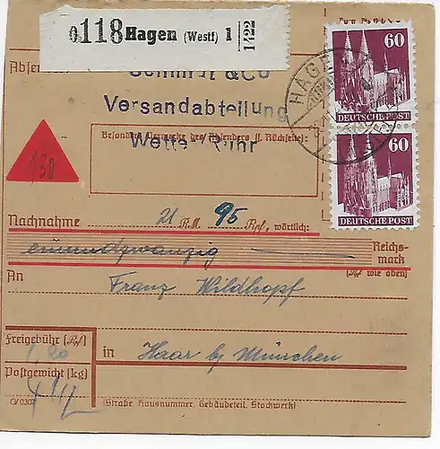 Paketkarte Hagen/Westf. nach Haar, München 1948, MeF