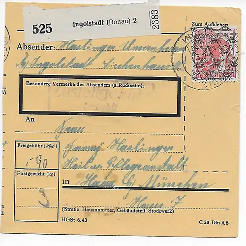 Paketkarte Ingolstadt nach Haar, München 1948, MeF