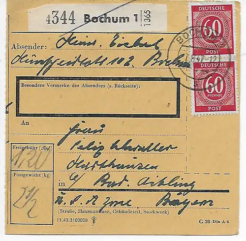 Paketkarte Bochum nach Bad Aibling, 1947, MeF