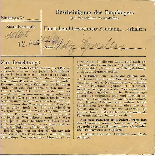 Carte de paquet Bochum vers Bad Aibling, 1947, MeF