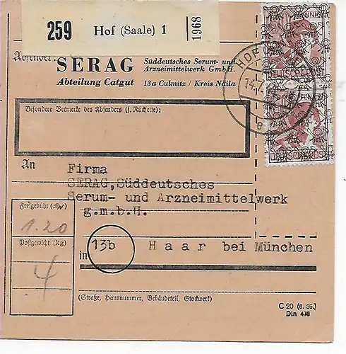 Carte de colis Hof/Saale, impression de l'expéditeur par cheveux, usine pharmaceutique, 1948, MeF