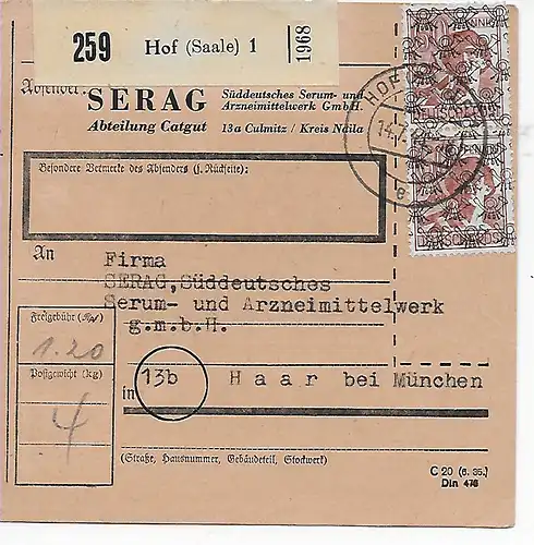 Paketkarte Hof/Saale, Absendereindruck nach Haar, Arzneimittelwerk, 1948, MeF
