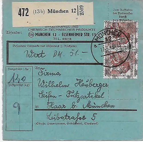 Carte de colis Munich, impression de l'expéditeur par cheveux, savons, articles de nettoyage, 1948, MeF