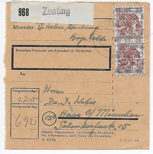 Carte de paquet Zenting par cheveu/Munich 1948, MeF