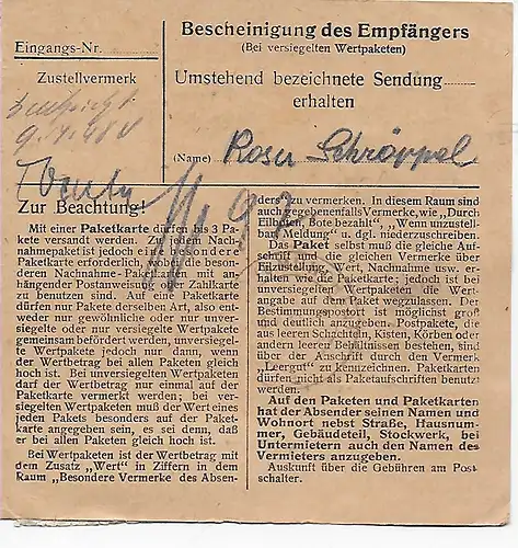 Carte de paquet Zenting par cheveu/Munich 1948, MeF