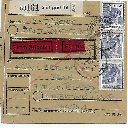 Paketkarte Eilboten Stuttgart nach Eglfing, Heilanstalt 1947, MeF
