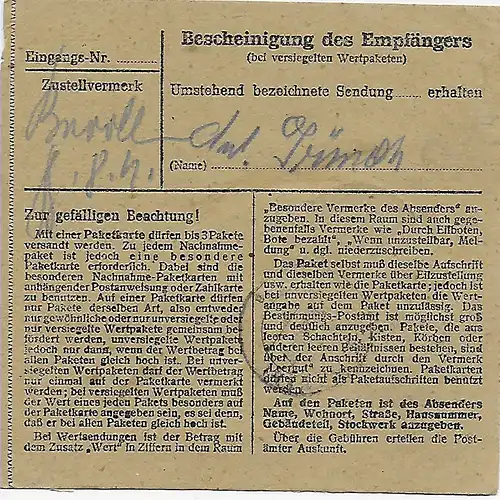 Carte paquet Eilboten Stuttgart vers Eglfing, Heilanstalt 1947, MeF