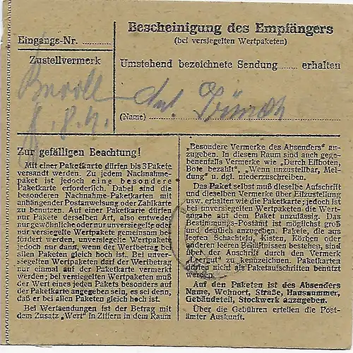 Paketkarte Eilboten Stuttgart nach Eglfing, Heilanstalt 1947, MeF