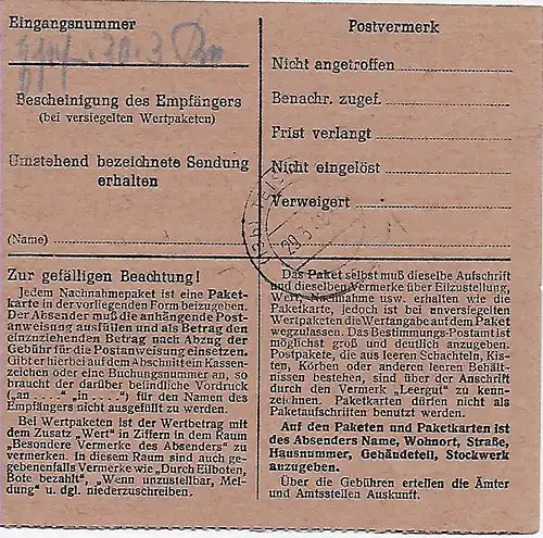 Paketkarte Nachnahme Unterweissach/Württ, nach Teisendorf 1948, MeF