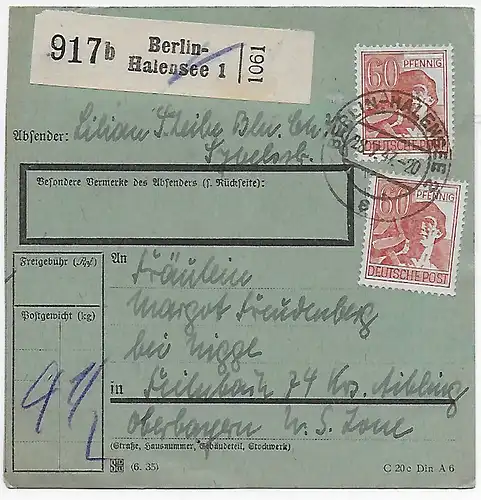Paketkarte Berlin-Halensee nach Fellnbach Bad Aibling 1947, MeF