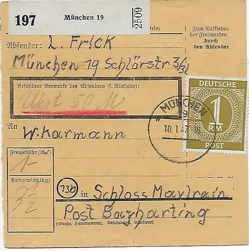 Carte de colis Munich, valeur, selon le château Maxlrain 1947, EF