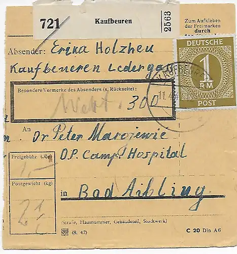 Paketkarte Wert Kaufbeuren an Displaced Persons Hospital Bad Aibling, 1947, EF