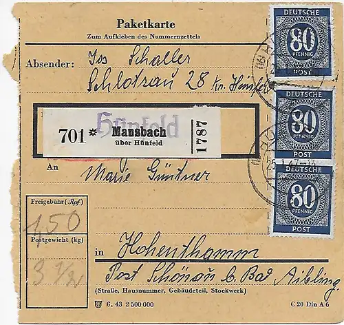 Paketkarte Hünfeld/Mansbach nach Hohenthann/Schönau, 1947, MeF