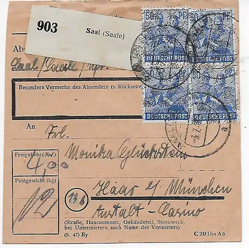 Carte de paquet Salle/Saale après Haar près de Munich, Casino d'établissement, 1948, MeF