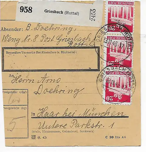 Paketkarte Griesbach, Rottal nach Haar 1948, MeF