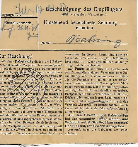 Paketkarte Griesbach, Rottal nach Haar 1948, MeF