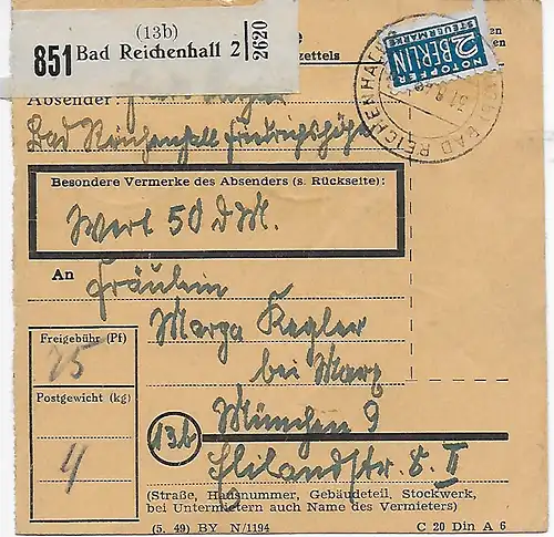 Carte de Bad Reichenhall à Munich, 1949, MeF