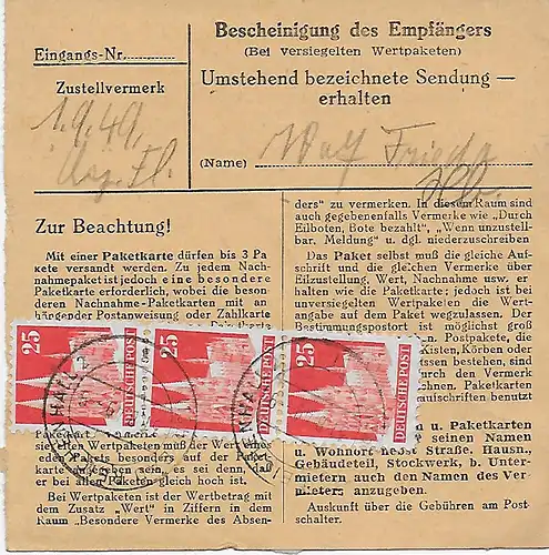 Paketkarte Bad Reichenhall nach München,  1949, MeF