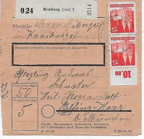 Paketkarte Kreiburg/Inn an Heilanstalt Eglfing,  1949, MeF