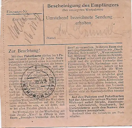 Carte de colis Kreiburg/Inn an Heilanstalt Eglfing, 1949, MeF