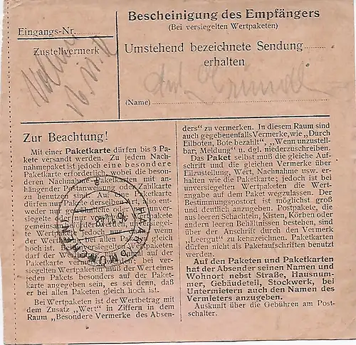 Paketkarte Kreiburg/Inn an Heilanstalt Eglfing,  1949, MeF