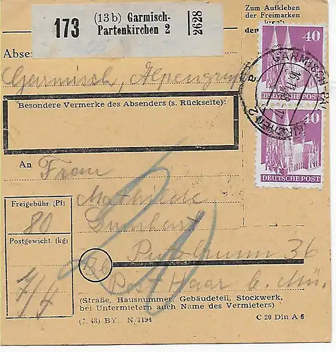 Carte de paquet Garmisch-Partenkirchen, Frais de port 20, 1948, MeF