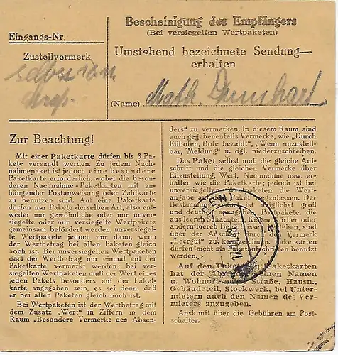 Carte de paquet Garmisch-Partenkirchen, Frais de port 20, 1948, MeF