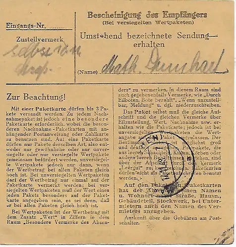 Paketkarte Garmisch-Partenkirchen, Zustellgebühren 20,  1948, MeF