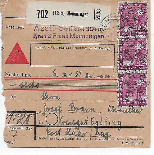 Carte colis Rembourser Memmingen, Savonsfabrik a Eglfing, 1948, MeF