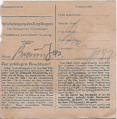 Carte colis Rembourser Memmingen, Savonsfabrik a Eglfing, 1948, MeF