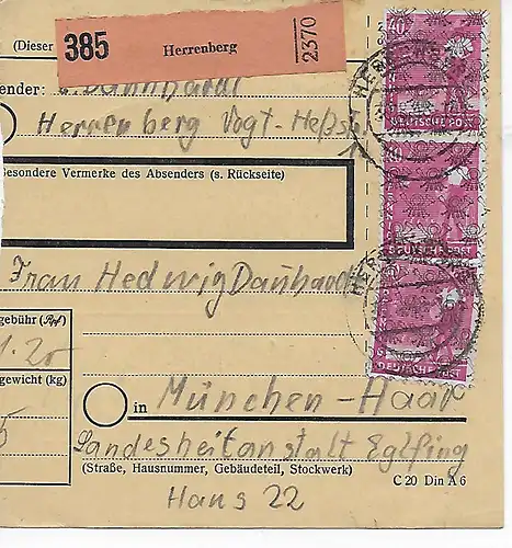 Carte colis Herrenberg vers Haar, Landesheilanstalt Eglfing, 1948, MeF