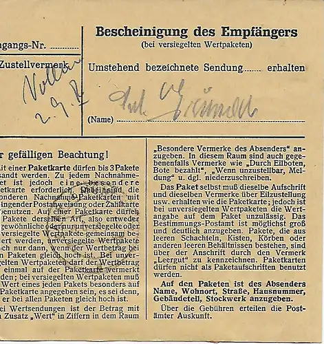 Carte colis Herrenberg vers Haar, Landesheilanstalt Eglfing, 1948, MeF