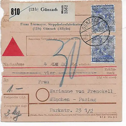 Paketkarte Nachnahme, Absendereindruck Günzach nach Pasing 1948, MeF