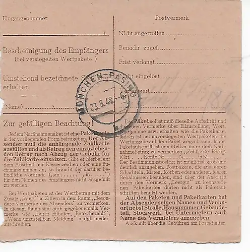 Paketkarte Nachnahme, Absendereindruck Günzach nach Pasing 1948, MeF