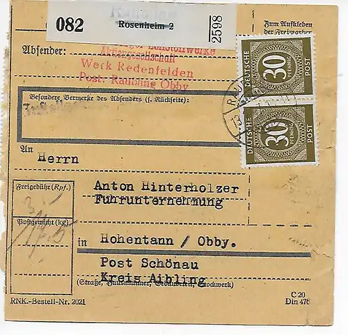 Paketkarte Raubling / Rosenheim nach Hohentann/Schönau 1947, MeF