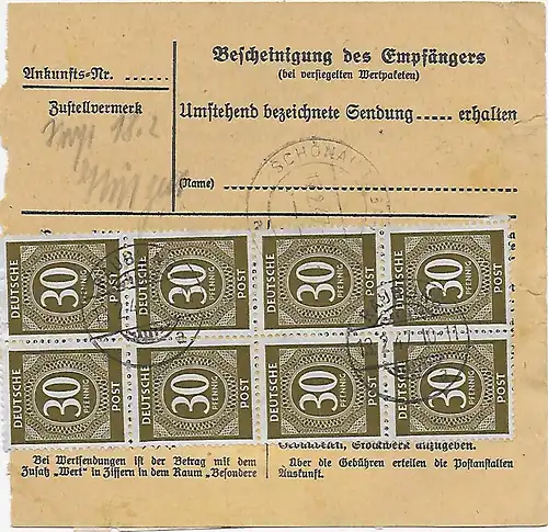 Paketkarte Raubling / Rosenheim nach Hohentann/Schönau 1947, MeF