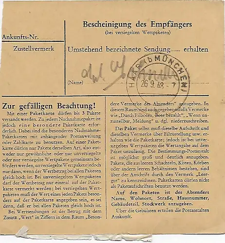 Carte de colis Fürstenzell/Chapitre/Sandbach par Haar, 1948, MeF