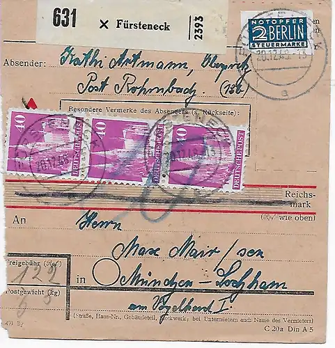 Paketkarte Fürsteneck, 1948, MeF