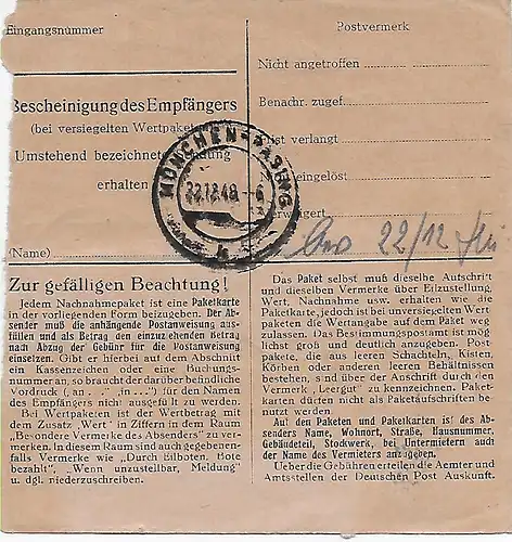 Paketkarte Fürsteneck, 1948, MeF