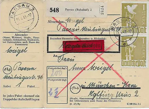 Carte paquet Eilboten Passau vers Munich-Haar, 1948, MeF