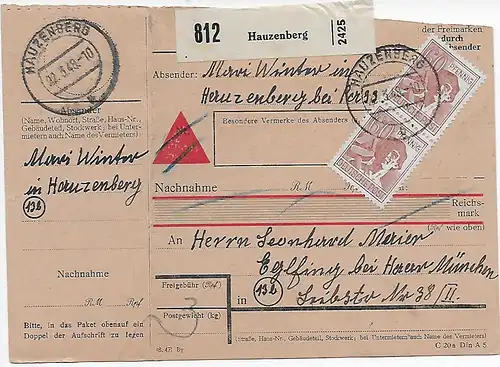 Paketkarte Hauzenberg nach Eglfing-Haar, 1948, MeF