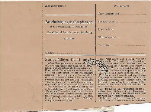 Paketkarte Hauzenberg nach Eglfing-Haar, 1948, MeF