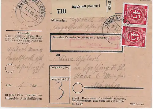 Carte de paquet Ingolstadt 1948 par Haar