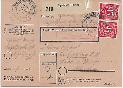 Paketkarte Ingolstadt 1948 nach Haar