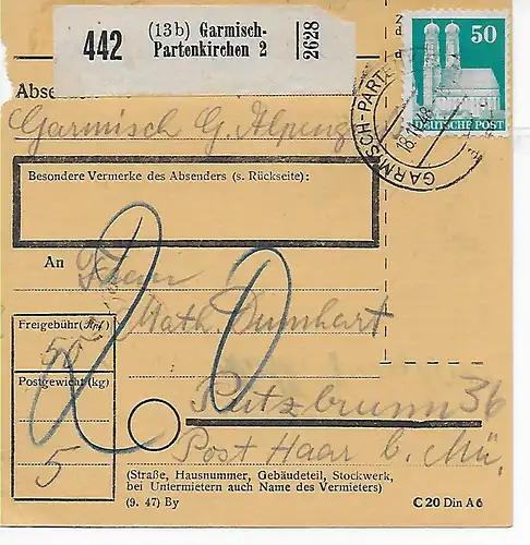 Paketkarte Garmisch-Partenkirchen 1948 nach Putzbrunn, 20 Zustellgebühr