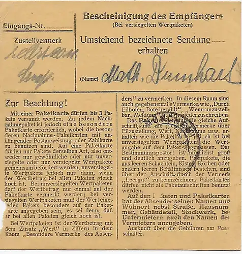 Paketkarte Garmisch-Partenkirchen 1948 nach Putzbrunn, 20 Zustellgebühr