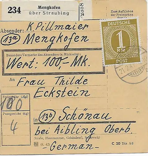 Carte de paquet Valeur Mengkofen par Straubing 1947 vers Schönau(/Aibling