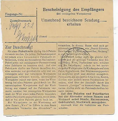 Carte de paquet Valeur Mengkofen par Straubing 1947 vers Schönau(/Aibling