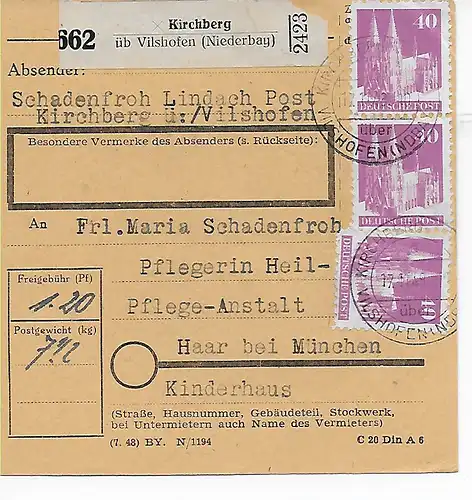 Carte de paquet Kirchberg par Vilshofen à Heil-Pflegeanstalt Haar, Kinderhaus 1948