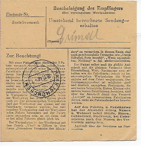Carte de paquet Kirchberg par Vilshofen à Heil-Pflegeanstalt Haar, Kinderhaus 1948